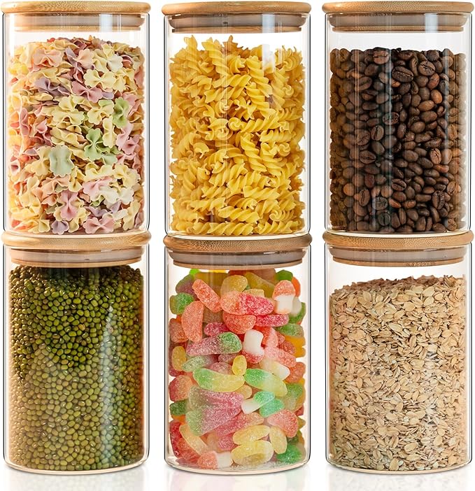 50oz Glass Food Storage Jars Set of 6,Glass Storage Containers Clear Glass Food Canister with Bamboo Lid Airtight For Serving Tea, Coffee, Flour, Sugar, Candy, Cookie, Spice and More (Round)