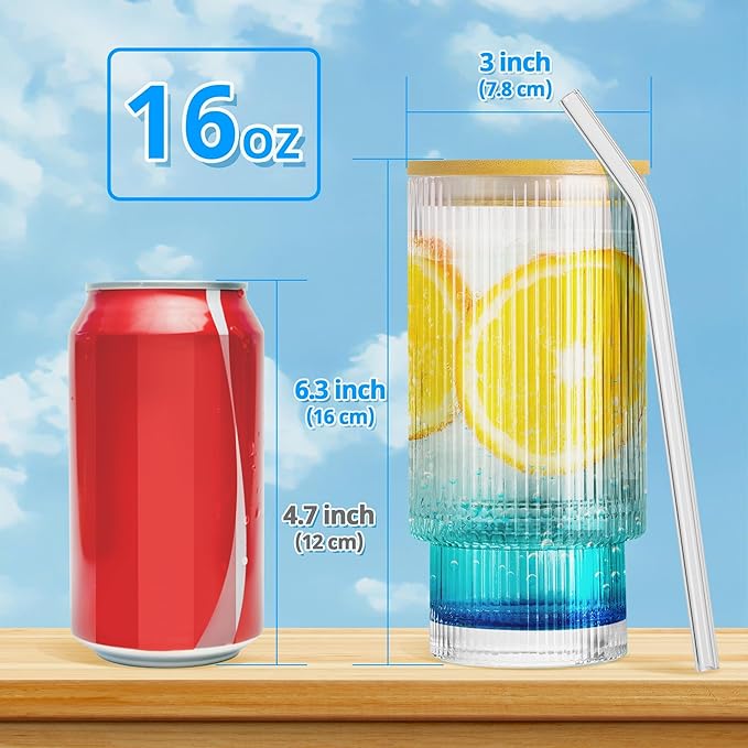 Glass Cups with Lids and Straws - 16 oz Iced Coffee Cups, Vintage Ribbed Drinking Glasses with Bamboo Lids, Tumbler for Juice, Beer, Coffee, Milk, Cocktail, Water (4 Pack)