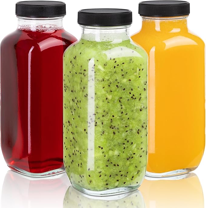 Juice Bottles with Lids, 16 Oz - Set of 3 - Clear Glass Jars with Caps - Reusable Empty Drink Containers for Juicing, Smoothies, Water, Milk, Kombucha Storage, Wellness Shots and More (3)