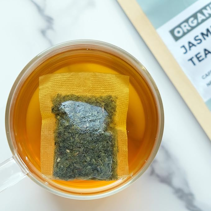 Fescha Organic Jasmine Green Tea Bags, Flower-scented Tea (50-count), Eco-Conscious Tea Bags, Packed by Resealable Kraft Bag