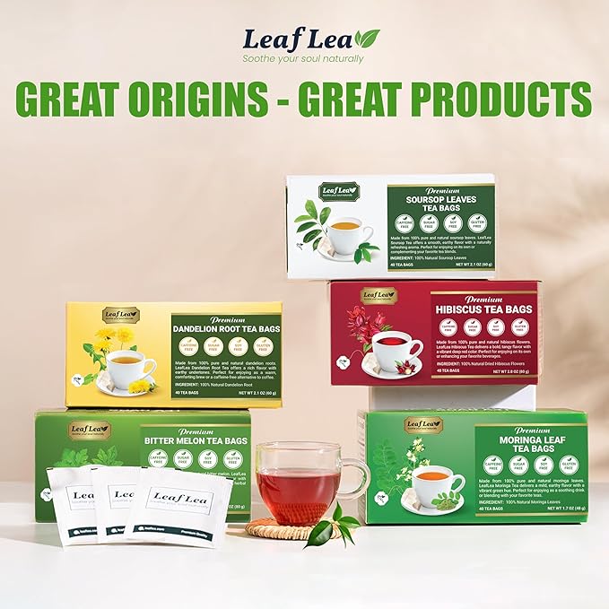 LeafLea 40 Premium Natural Hibiscus Tea Bags, 100% Pure from Hibiscus Flowers, Caffeine-Free Herbal Tea, Hibiscus Flower Tea Rich in Natural Goodness and Flavor, No Sugar, Gluten-Free, Vegan