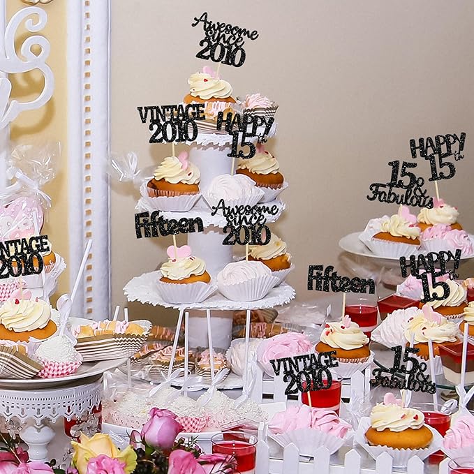 Gyufise 30Pcs Vintage 2010 Cupcake Toppers Glitter Sweet 15 Happy 15th Cupcake Picks Happy 15th Birthday Cake Decorations for Happy 15th Birthday Fabulous Anniversary Party Supplies Black