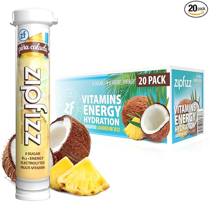 Zipfizz Daily Energy Drink Powder, Pina Colada, 20 Pack | 3-in-1 Sustained Energy, Rapid Hydration, and Essential Vitamins | Sugar-Free | Electrolyte Powder | Contains Vitamin B-12 & Antioxidants