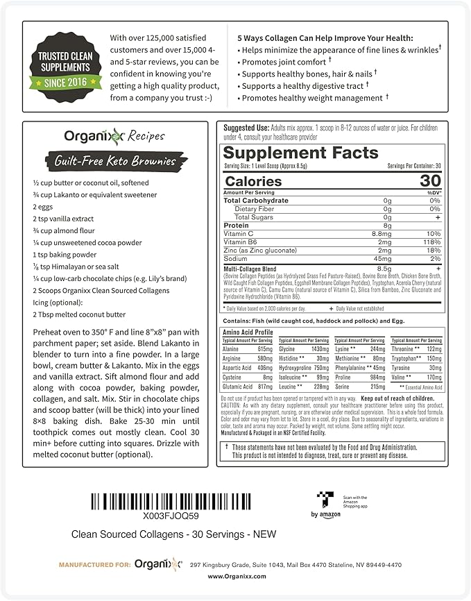 Organixx Collagen Peptides Powder with Vitamin C, Types I, II, III, V, X Hydrolyzed Collagen, Hair, Nail, Skin, Bone & Joint Health, Aging Support, Clean Sourced, Gluten Free, Unflavored, 30 Servings