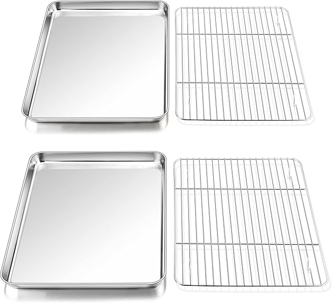 P&P CHEF 16 Inch Stainless Steel Baking Sheet with Rack Set (2 Pans+ 2 Racks), Cookie Sheets Baking Trays and Cooling Wire Racks, Oven & Dishwasher Safe, Pans with Flat Racks
