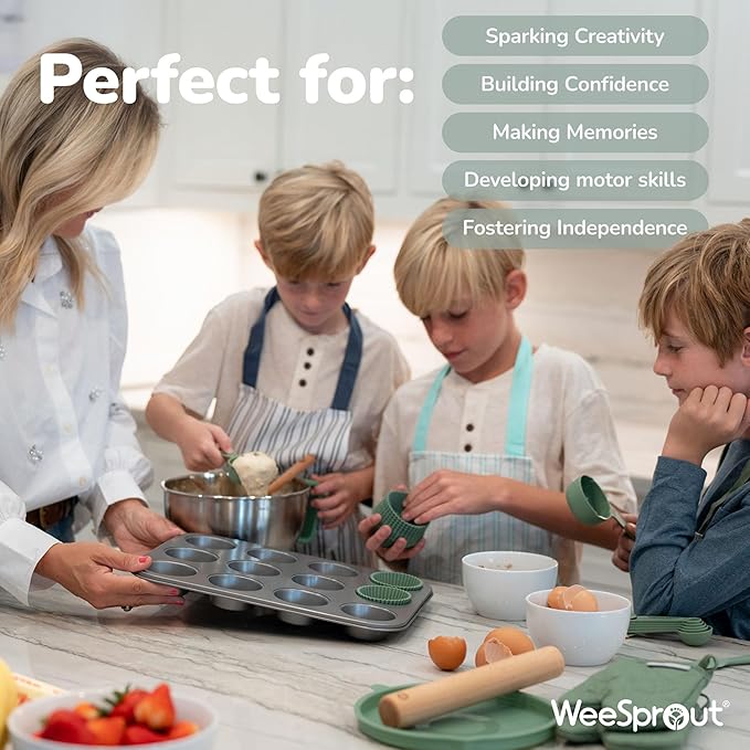 Ultimate Baking Kit for Children - Child-Sized Utensils, Apron, Oven Mitts, Silicone Mats & Liners - Perfect Cooking Set for Ages 6-12 - Gift for Kids - Mint