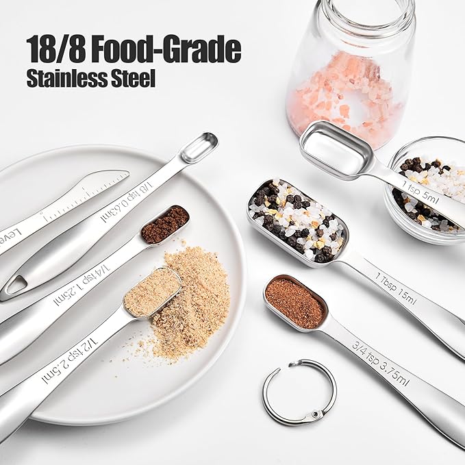 18/8 Stainless Steel Measuring Spoons: Doosu Heavy Duty Rectangular Spoon Square Teaspoon Tablespoon Scoop with Slim Long Handle in Narrow Spice Jar for Kitchen Baking Cooking (Set of 7 with Leveler)