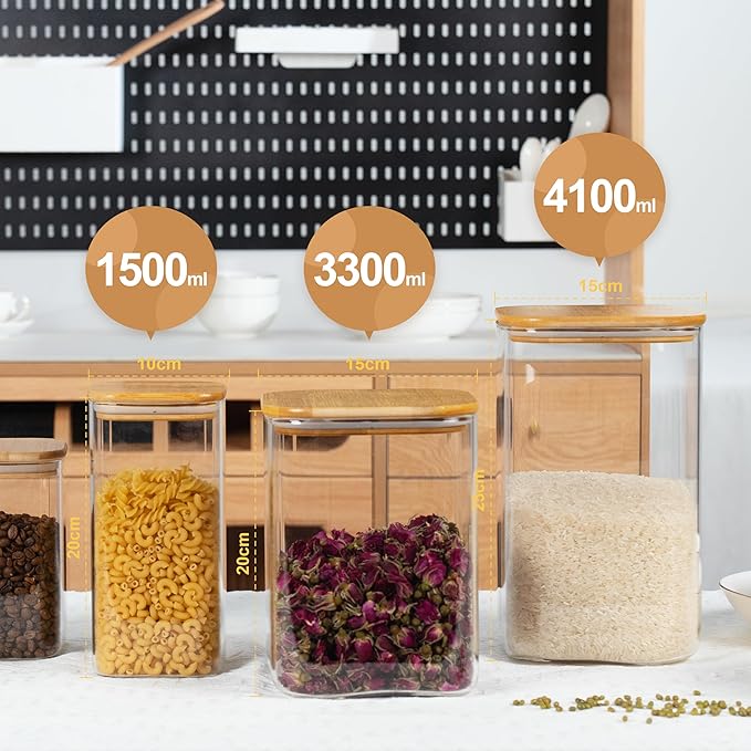 156oz 52oz Airtight Glass Square Storage Canister with Bamboo Lid Set of 2(4600ml*1 1550ml*1) Large Gallon Glass Jars for Sugar, Flour, Cookies and Coffee beans (‎with Black Lable)