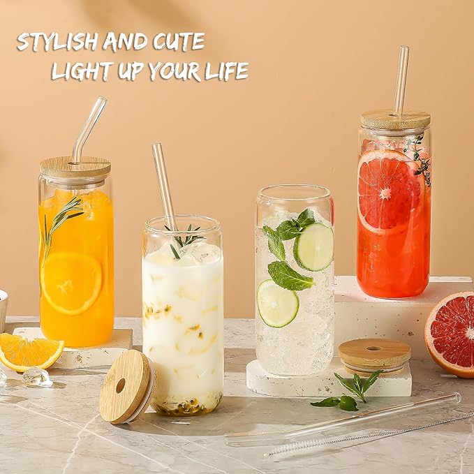 20 Oz Drinking Glasses with Bamboo Lids and Glass Straw - 8 Pcs Glass Cups Beer Ice Coffee Glasses Cute Aesthetic Cup Great for Coffee Bar Accessories Include 2 Cleaning Brushes