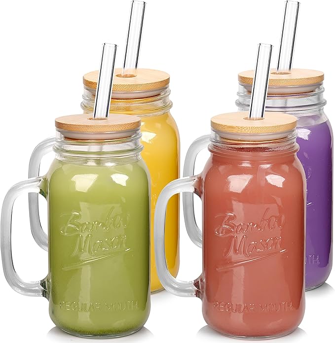 ANOTION Mason Jars Tumbler with Handle - Glass Cups with Lids and Straws Drinking Glasses Coffee Mug Glasses Drinking Set Iced Coffee Cup Smoothie Cup Tea Cup Travel Coffee Mug Water Cup