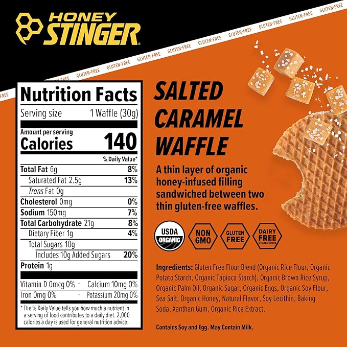 Honey Stinger Organic Gluten Free Salted Caramel Waffle, Energy Stroopwafel for Exercise, Endurance and Performance, Sports Nutrition for Home & Gym, Pre & Post Workout, Box of 16 Waffles, 16.96 Oz