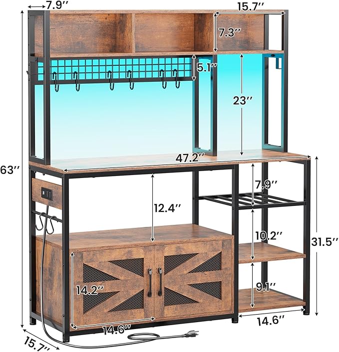 Itaar 47.2 Inch Bakers Rack with Power Outlet, Microwave Stand with Storage, Farmhouse Coffee Bar Cabinet Station with Wine Rack, Iron Grid and 8-S Hooks (Rustic Brown)