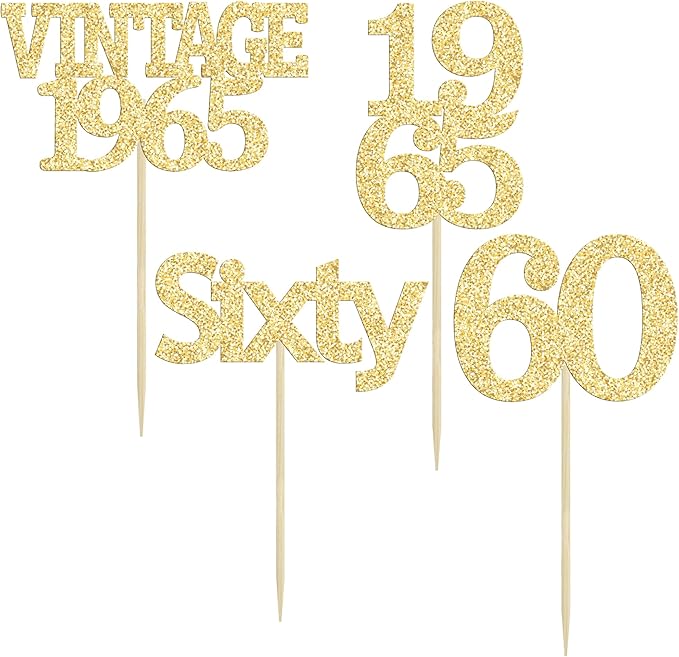 Gyufise 24Pcs 60th Birthday Cupcake Toppers Cheers to 60 Fabulous Sixty Cupcake Picks Vintage 1965 Decorations for 60th Birthday Wedding Anniversary Party Cake Decorations Supplies Gold