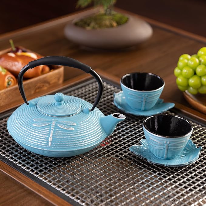 Cast Iron Teapot Set with 2 Tea Cups, 7 Pcs Japanese Tea Kettle with Stainless Steel Infuser, Tea Pot Coated with Enameled Interior, Dragonfly Pattern, 28oz 800ml Blue