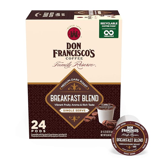 Don Francisco's Breakfast Blend Coffee - 24 K-Cup Compatible Single-Serve Pods - 100% Arabica - Fruity Aroma, Rich Flavor - Recyclable through TerraCycle - Compatible with Keurig Brewers