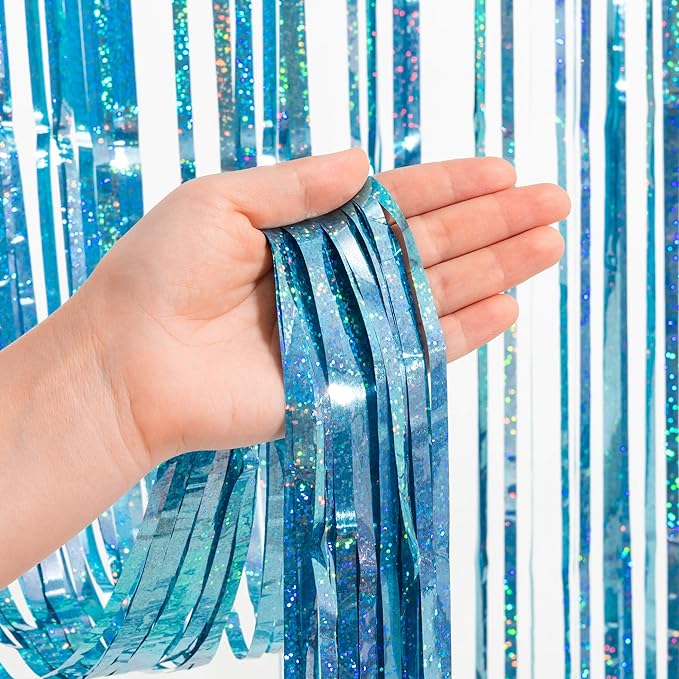 BRAVESHINE Pink Blue Tinsel Foil Fringe Curtains - 2Pcs 3.2x8.2ft Holidays Photo Streamers Backdrop for Easter Girl or Boy Birthdays Bridal Shower Party Supplies Decorations