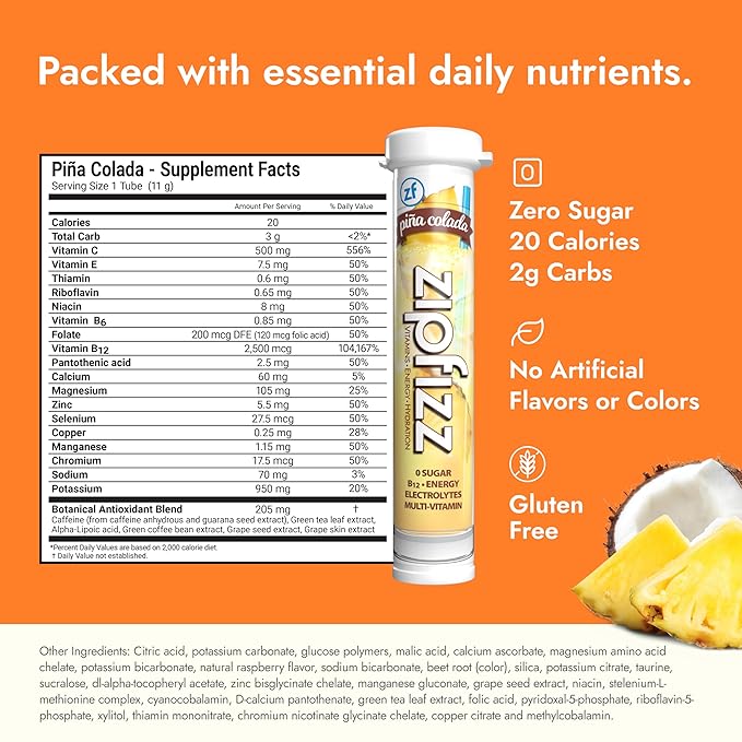 Zipfizz Daily Energy Drink Powder, Pina Colada, 20 Pack | 3-in-1 Sustained Energy, Rapid Hydration, and Essential Vitamins | Sugar-Free | Electrolyte Powder | Contains Vitamin B-12 & Antioxidants