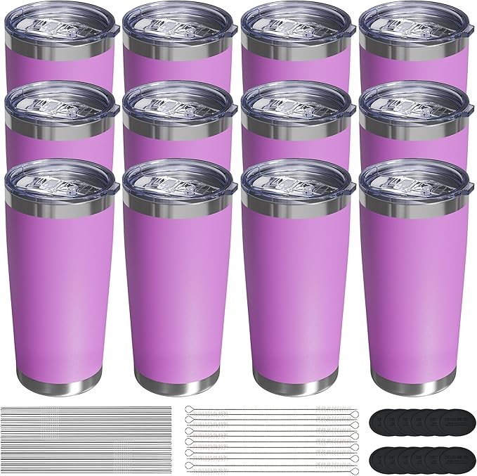 Travel Coffee Tumbler 20oz, 12 Pack Leakproof Travel Coffee Mug with Lid and Straw, Stainless Steel Double Wall Vacuum Insulated Tumbler for Hot/Iced Drinks (Textured Matte, Lilac Pink)