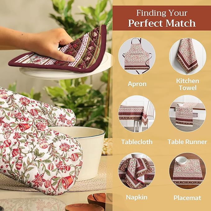 Maison d' Hermine Oven Gloves 100% Cotton Oven Mitt 7" x 13" with Loop Heat Resistant, BBQ, Cooking Gloves, Baking, Grilling, Kitchen, Handling Hot Pans (Pack of 1, Reveillon Au Jardin)