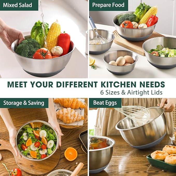 Umite Chef Mixing Bowls with Airtight Lids，6 piece Stainless Steel Metal Nesting Storage Bowls, Non-Slip Bottoms Size 7, 3.5, 2.5, 2.0,1.5, 1QT, Great for Mixing & Serving(Grey)