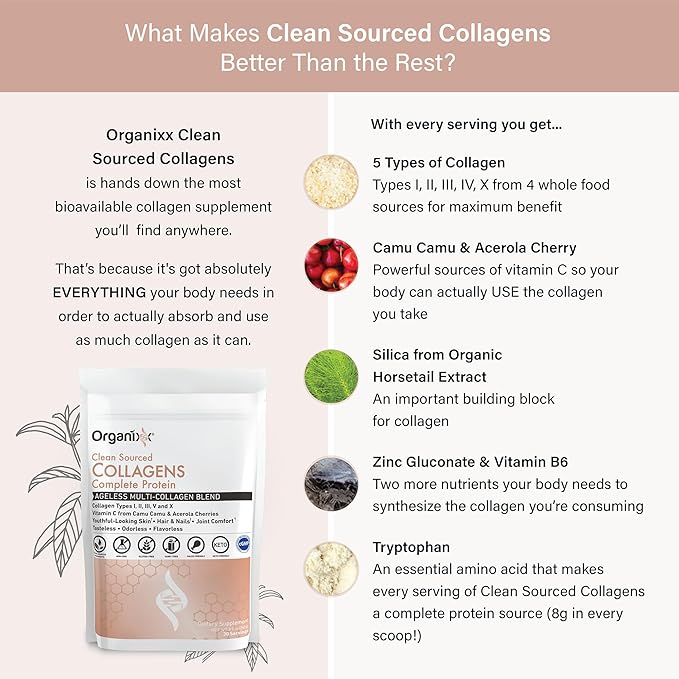 Organixx Collagen Peptides Powder with Vitamin C, Types I, II, III, V, X Hydrolyzed Collagen, Hair, Nail, Skin, Bone & Joint Health, Aging Support, Clean Sourced, Gluten Free, Unflavored, 30 Servings