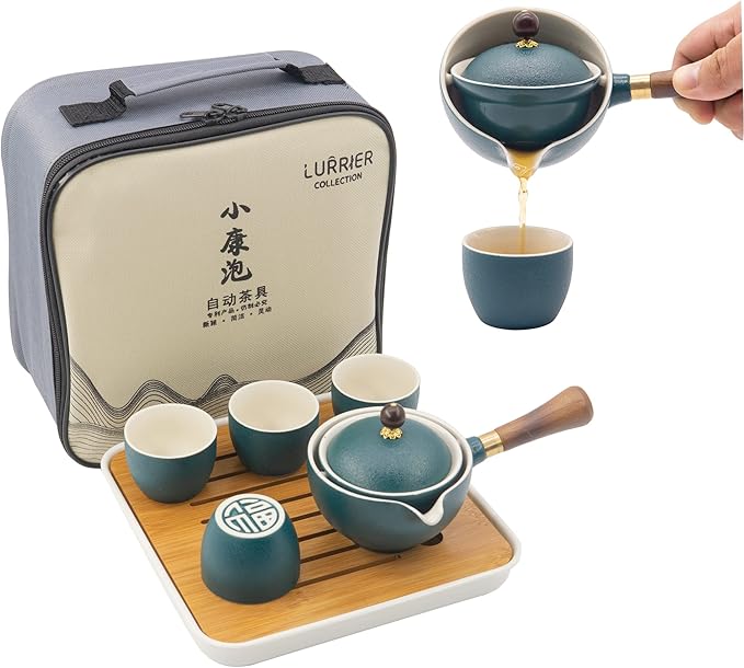LURRIER Porcelain Chinese Gongfu Tea Set,Portable Teapot Set with 360 Rotation Tea maker and Infuser,Portable All in One Gift Bag for Travel,Home,Gifting,Outdoor and Office (Green)