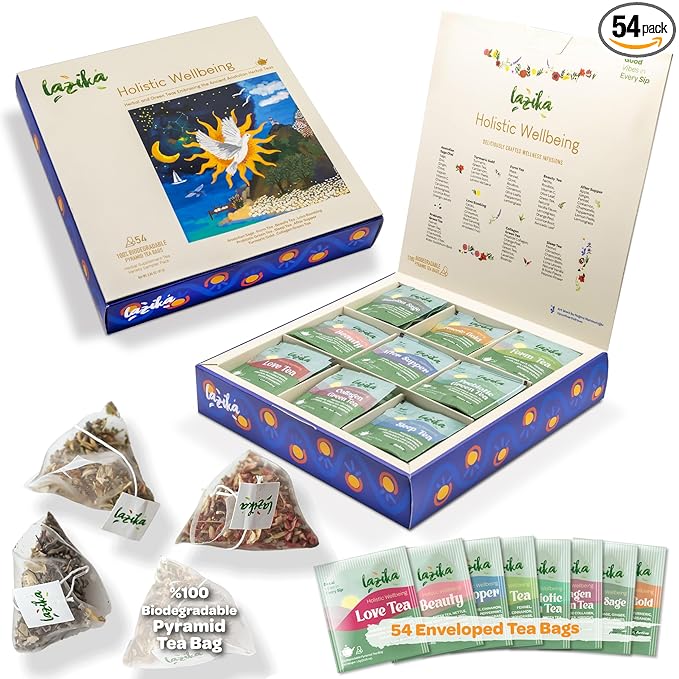 Lazika Herbal Tea Variety Pack with Lovely Presentation Box, 54 Counts, Holistic Wellbeing Tea Assortment Gift Set, Premium Collection with Pyramid Infuser Bag, Handcrafted