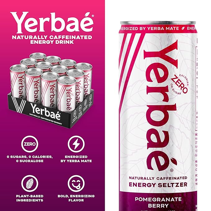 Yerbaé Energy Seltzer - Pomegranate Berry, No Sugar/Calories/Carbs. Energized by Yerba Mate, Naturally Caffeinated Plant-Based, Healthy Alternative to Coffee, Sugary Sodas, Pack of 12, 12oz cans