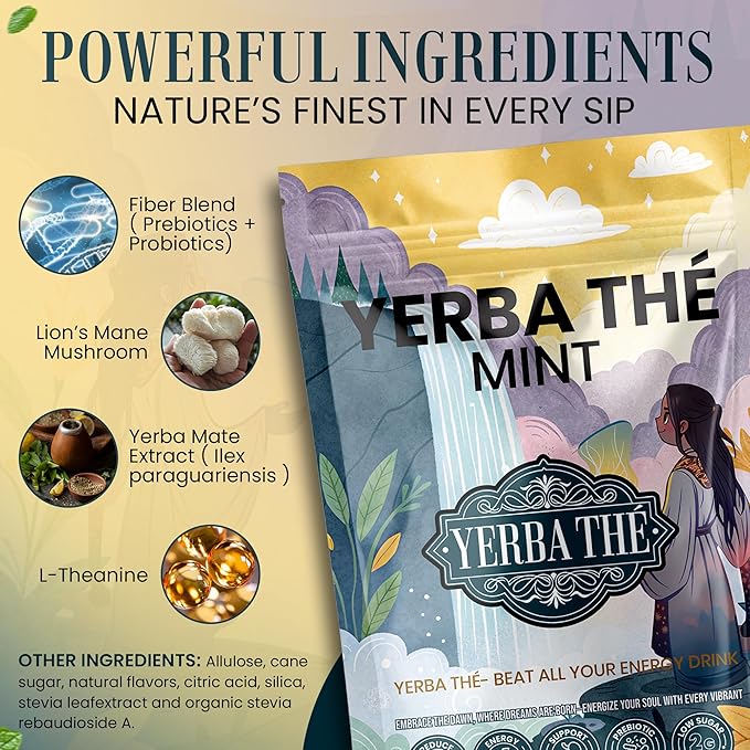 Ancient Diosa - Yerba Mate Tea Powder 350g, 35-Servings - Mint Flavor Clean Energy Drink Superfood - Support Gut Health with Probiotics and Prebiotics, Reduce Brain Fog, Relaxation and Focus Blend