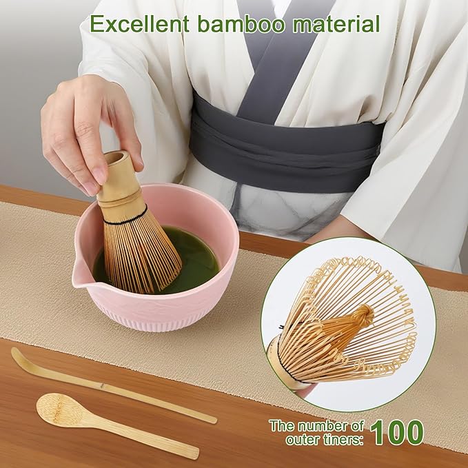 PHILORN Matcha Whisk Set 9Pcs Ceramic Matcha Kit Matcha Bowl with Spout, Whisk, Holder, Bamboo Scoop, Scoop Rest, Sifter and Tea Towe for Matcha Lover and Tea Ceremony (Pink)