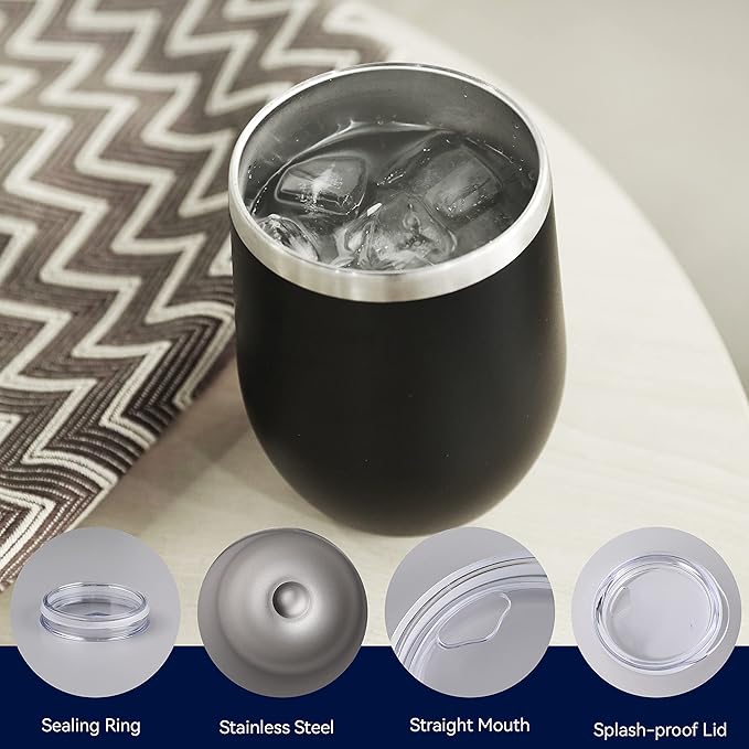 DOMICARE Stainless Steel Wine Tumbler Bulk with Lid, Personalized Insulated Tumblers Set, 12oz Travel Coffee Cups Pack of 8, Black