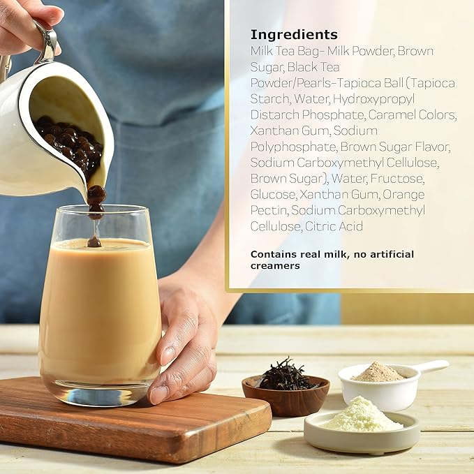 OKTEA Bubble Pearl Milk Tea with Brown Sugar Kit - Assam Blend, Slow-Roasted Brown Sugar, New Zealand Milk, Preservative-Free Tapioca, Serve Hot or Iced - Single Pack of 5 Servings
