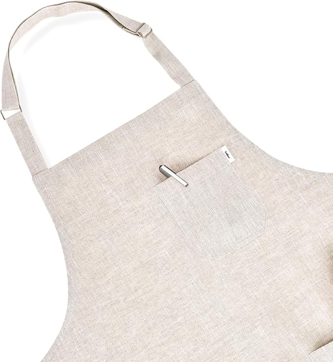 Solino Home Linen Kitchen Apron for Men & Women - Light Natural Bib Apron with Front Pockets - Handcrafted from European Flax