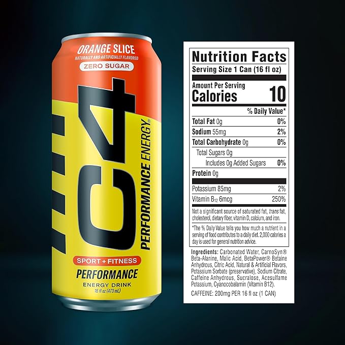C4 Energy Carbonated Zero Sugar Energy Drink, Pre Workout Drink + Beta Alanine, Orange Slice, 16 Fl Oz (Pack of 12)