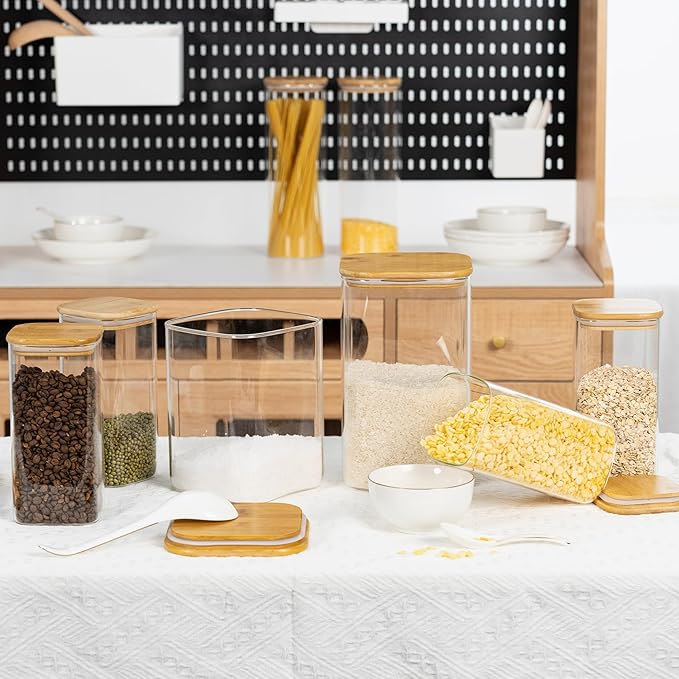 156oz 52oz Airtight Glass Square Storage Canister with Bamboo Lid Set of 2(4600ml*1 1550ml*1) Large Gallon Glass Jars for Sugar, Flour, Cookies and Coffee beans (‎with Black Lable)