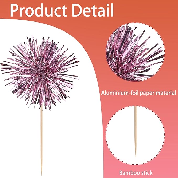 40 PCS Foil Firework Cupcake Toppers Sparkle Tinsel Cupcakae Picks Sparkler Fireworks Party Decorations Cocktail Fruit Toothpick for Birthday Wedding Graduation Party Decorations Supplies Pink