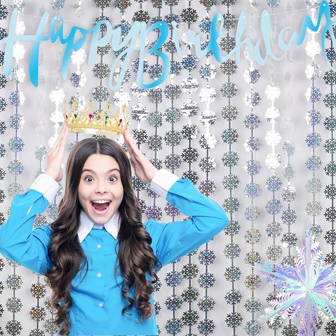 BRAVESHINE Silver Party Snowflake Backdrop - 2 Pack Hanging Foil Fringe Snow Flakes Party Streamers Curtain for Christmas Winter-Themed Frozen Birthday Baby Shower Holiday New Year Party Decorations