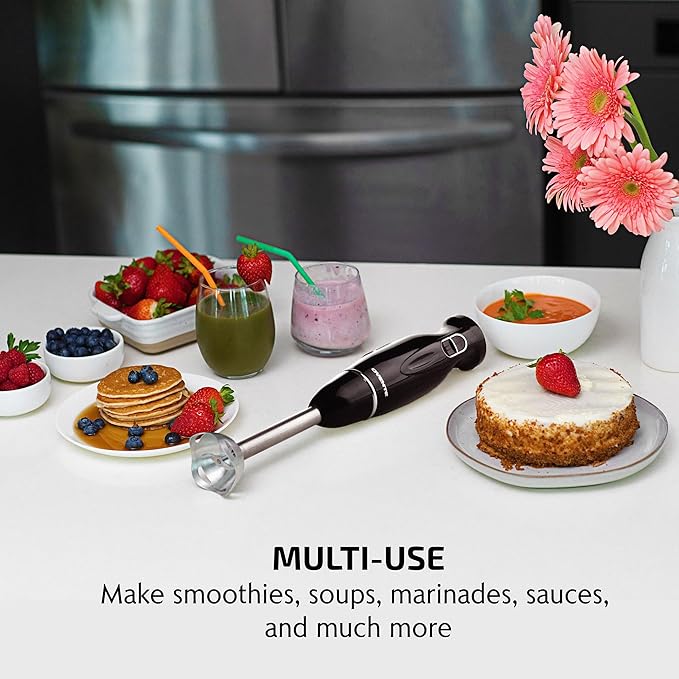 OVENTE Immersion Hand Blender, 300W Electric Handheld Portable Stick Mixer with 2 Mixing Speed and Stainless Steel Blades for Effortless Blending Smoothies, Shakes, Puree or Baby Food, Black HS560B