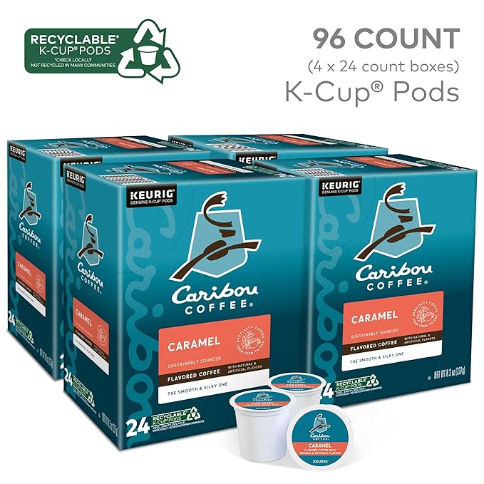 Caribou Coffee Caramel Flavored Coffee, Single Serve Keurig K-Cup Pods, Medium Roast Coffee, 96-Count Box (Pack of 4)