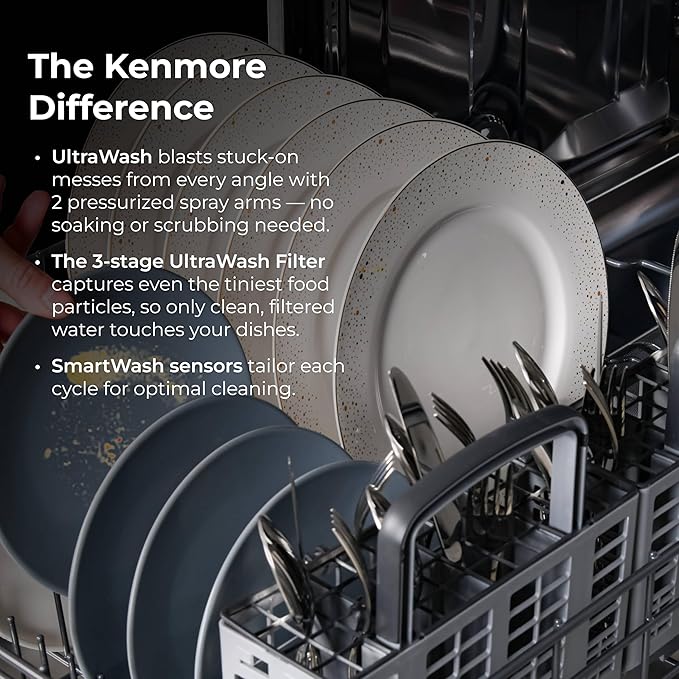 Kenmore 24" Built-in Stainless Steel Tub Dishwasher SmartWash, UltraWash, SmartDry Plus, MoreSpace Adjustable Rack and Leak Detect, Energy Star Certified, Black