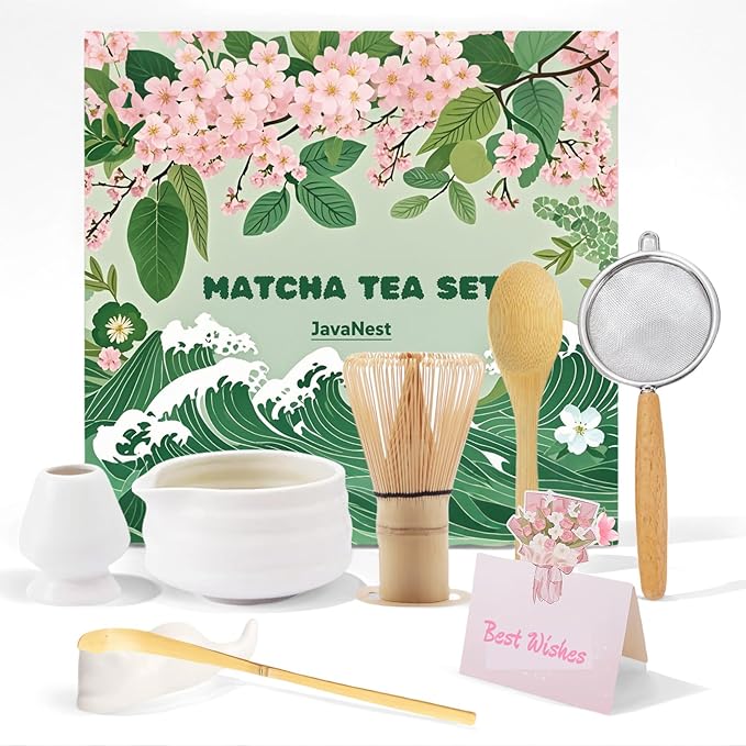 7-Piece Matcha Tea Set with Gift Card – 120-Prong Bamboo Whisk, Ceramic Bowl with Spout, Whisk Holder, Scoop, Spoon, Strainer & Scoop Holder – Ideal Gift for Matcha Lovers (White, 100-Prong)