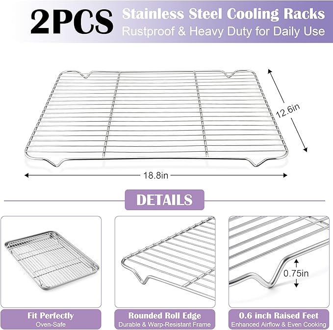 E-far Large Baking Sheet with Wire Rack (2 Pans + 2 Racks), 20 x 14 Inch Stainless Steel Cookie Pans Tray & Cooling Rack for Baking, Non Toxic & Heavy Duty & Rust Free, Oven & Dishwasher Safe