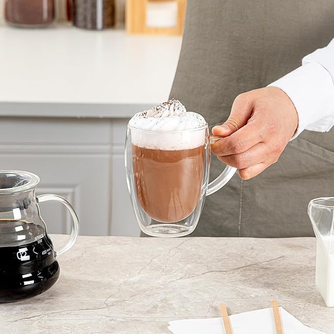 Restaurantware-Forma Professional 11.8 Ounce Glass Coffee Cups, 2 Insulated Coffee Cups With Handle - Dishwashable, Reusable, Clear Double Wall Beverage Tumblers, Freezable, For Hot Or Cold Beverages
