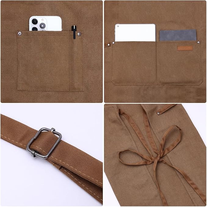Chef Cooking Aprons for Men Women Thickened Canvas Cotton Apron with 4 Pockets for BBQ Work Kitchen（Brown）
