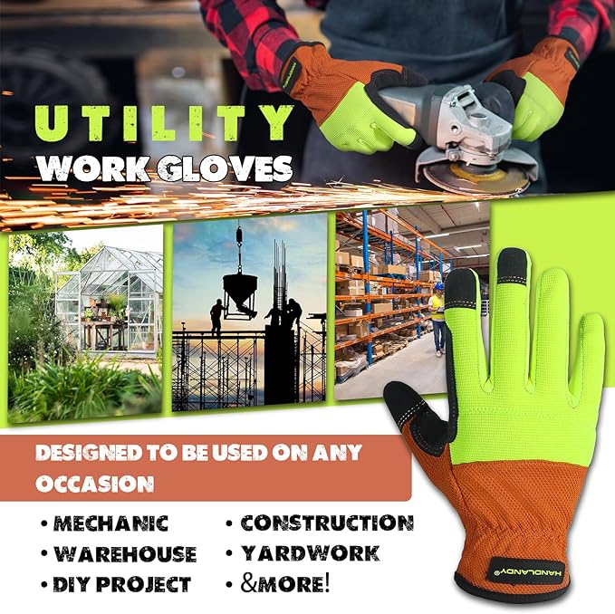 HANDLANDY Work Gloves for Men & Women, Utility Mechanic Working Gloves Touch Screen, Flexible Yard Work Gloves