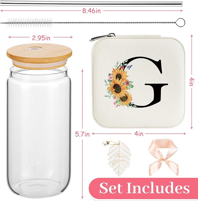 AYGXU Travel essential jewelry box,16oz Glass Cups with Bamboo Lids and Straws set,Personalized Jewelry Boxes for Women Girls,Travel Gifts for Women,Birthday Gifts for Girls,Initial G white