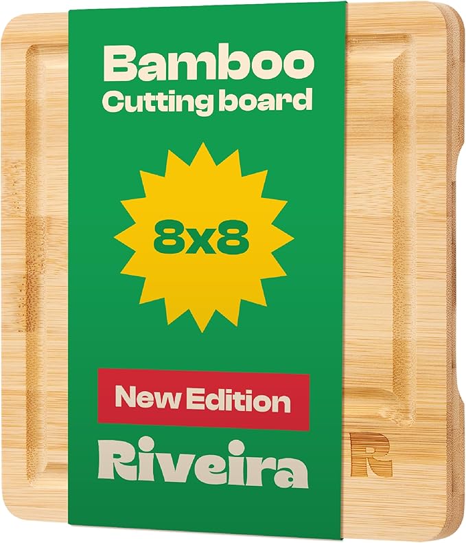 Riveira Brown Bamboo Wood Cutting Board – Gourmet Bamboo Grandeur: 8 x 8 Wooden Cutting Board – Wooden Cutting Boards For Kitchen Decorative – Innovative Juice Grooves Wooden Chopping Board