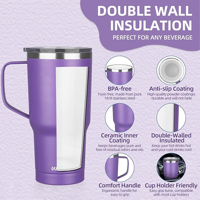 20 oz Insulated Coffee Mug with Ceramic Coating, Stainless Steel Travel Mug Tumbler with Handle Lid and Straw, Double Wall Leak-Proof Coffee Travel Mug Keeps Drink Hot and Cold (Purple)