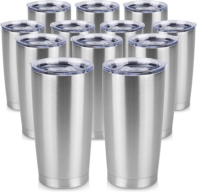 20 oz Tumbler Stainless Steel Tumblers Bulk with Lid Double Wall Insulated Coffee Tumbler Cups for Hot & Cold Drinks Powder Coated Travel Coffee Tumbler Mug Metal (Stainless Steel, 12 pack)