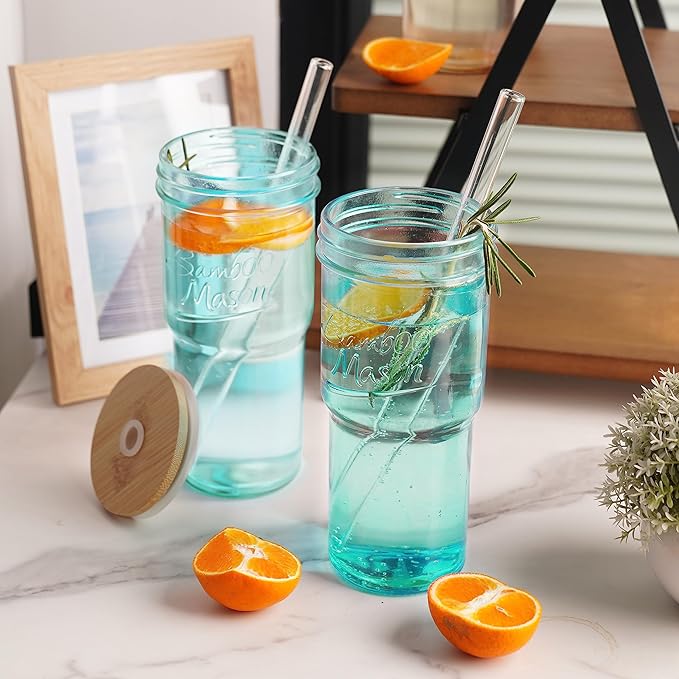 ANOTION Colored Glass Cups with Lids and Straws - 24oz Travel Coffee Mug Wide Mouth Mason Jar Iced Coffee Cup Smoothie Cup Glass Tumbler Tea Cup Clear Cute Water Cups Colorful Drinking Glasses